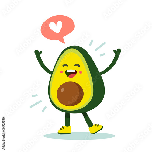 Vector illustration of cute character green and yellow avocado with speech bubble on white color background