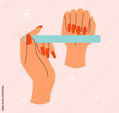 Sticker of female hand filing nails polish on pink background