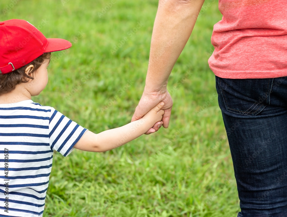 little son in a red cap holds the hand of dad close-up on a background of a green meadow little son in a red cap holds the hand of dad close-up on a background of a green meadow