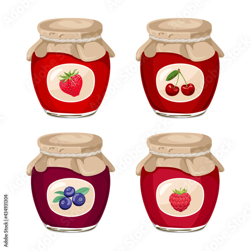 Set of berry jams in glass jars. Vector illustration of cherry, blueberry, strawberry and raspberry jelly in cartoon flat style.