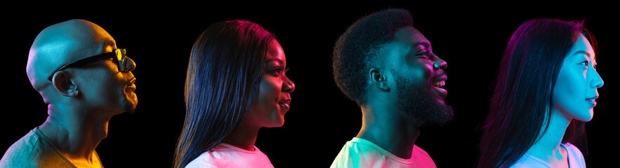 Portraits of group of people on black background in neon light, collage.