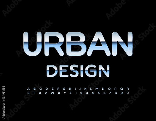 Vector Urban Font. Metallic stylish Alphabet. Shiny set of modern Letters and Numbers