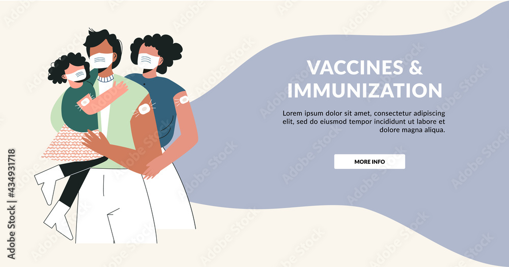 Vaccine and family vaccinated concept. Young parents with kid after injection shot. Health care campaign template. Time to family with children vaccinate banner. Flat vector layout illustration
