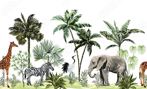 Tropical vintage botanical landscape, palm tree, plant, palm leaves, sloth, giraffe, elephant, crane, zebra. Seamless floral border. Jungle animal wallpaper.   © Hanna Kh