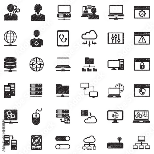 System Administrator Icons. Black Scribble Design. Vector Illustration.