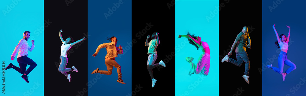 Portraits of group of people on multicolored background in neon light, collage.