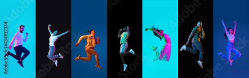 Portraits of group of people on multicolored background in neon light, collage. © master1305
