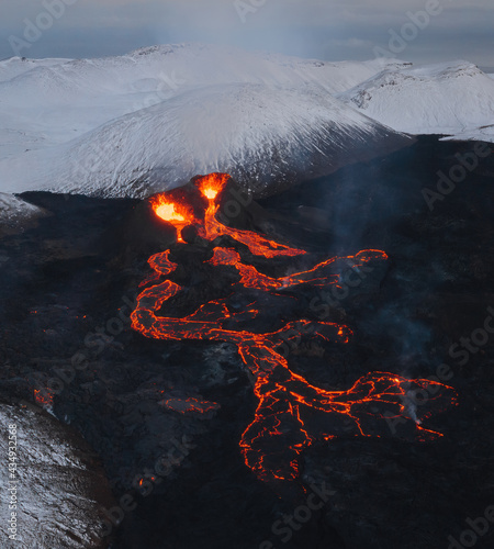 Iceland Volcanic eruption 2021. The volcano Fagradalsfjall is located in the valley Geldingadalir close to Grindavik and Reykjavik. Hot lava and magma coming out of the crater. photo