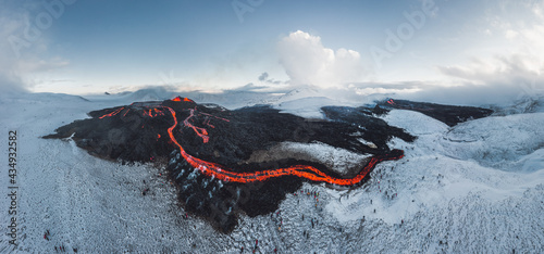 Iceland Volcanic eruption 2021. The volcano Fagradalsfjall is located in the valley Geldingadalir close to Grindavik and Reykjavik. Hot lava and magma coming out of the crater. photo