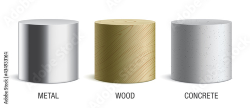 Vector set of metal, wood, and concrete cylinder shape material samples, isolated on a white background.