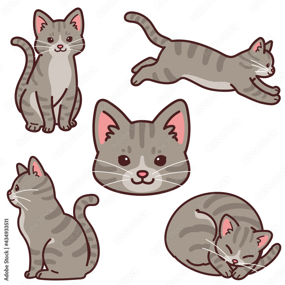 Set of simple and adorable Gray Tabby cat illustrations outlined