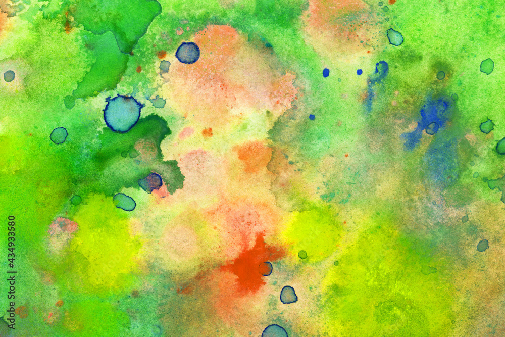 水彩テクスチャ背景(カラフル)  黄緑に薄い朱色が滲む水彩壁紙