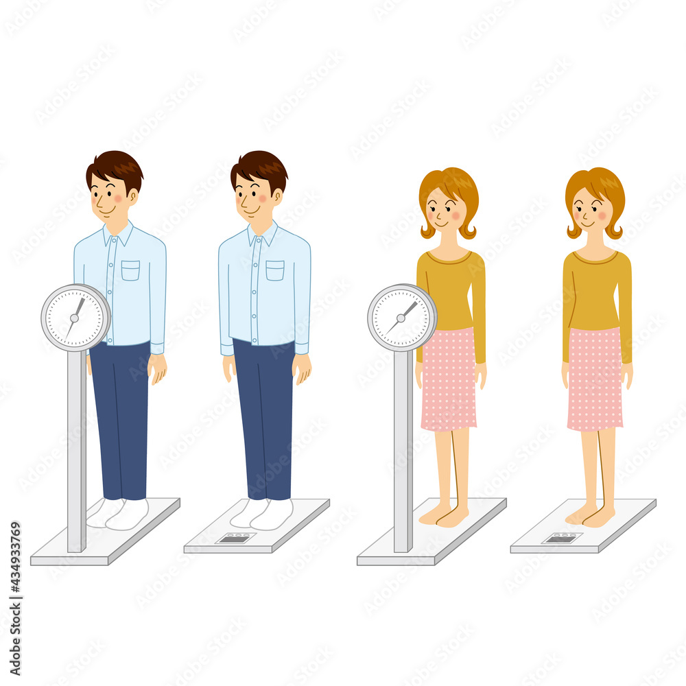 体重測定をする男女 体重測定をする男女