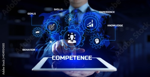 Competence skills business and personal development concept. Businessman pressing button on screen