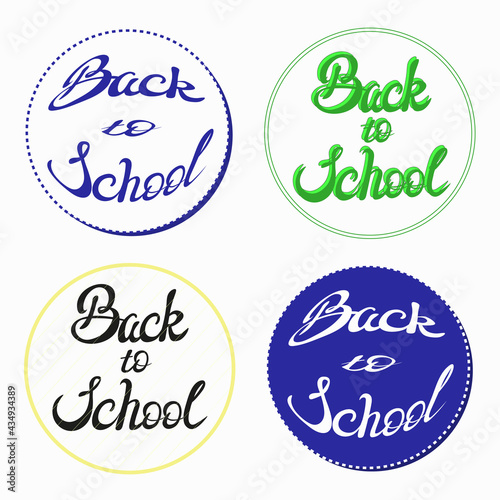 Label, stamp, round badge, coupon Set of round badges back to school. To create shortcuts for sales, websites. Vector stickers for school supplies. Lettering drawn by hand