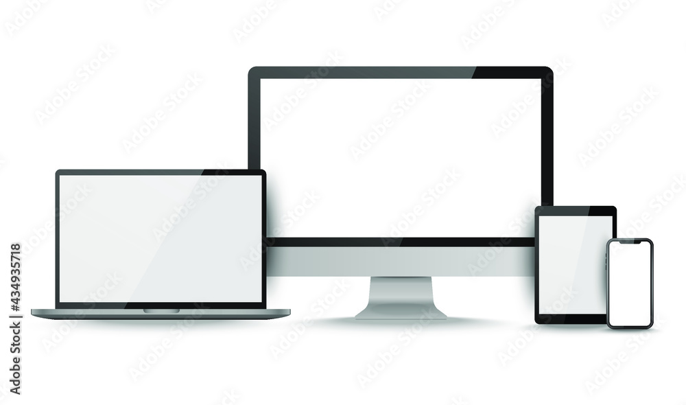 Display screen. Realistic set of monitor, tablet, laptop, smartphone blank isolated devices. Object with shadow vector illustrator. Display screen. Realistic set of monitor, tablet, laptop, smartphone blank isolated devices. Object with shadow vector illustrator.