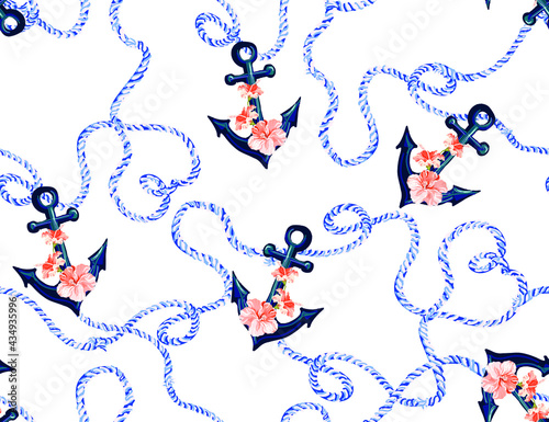 Beautiful seamless vector tropical pattern with corals,  sea, hibiscus, ropes. Abstract geometric texture. Perfect for wallpapers, web page backgrounds, surface textures, textile.
