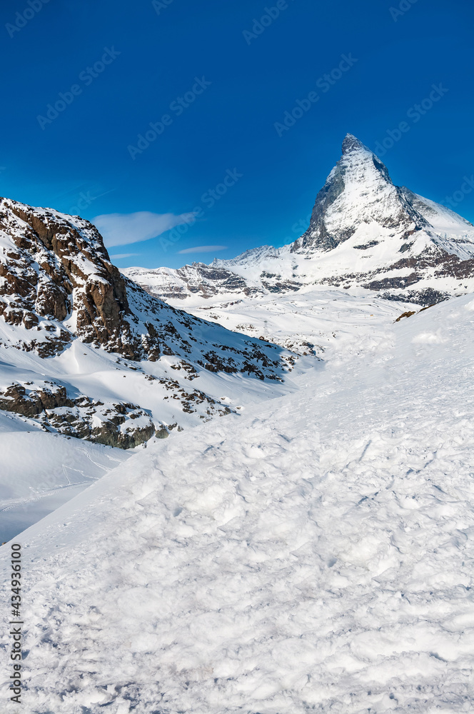 Matterhorn peak in sunny day, Switzerland. Matterhorn (peak Cervino) in Swiss Alps.