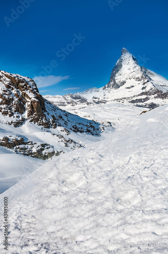 Matterhorn peak in sunny day, Switzerland. Matterhorn (peak Cervino) in Swiss Alps. © naughtynut