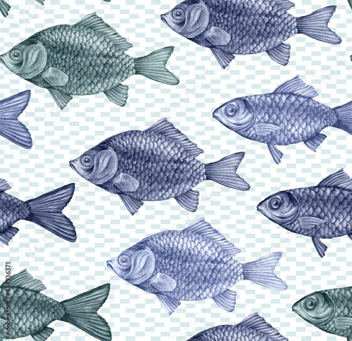 Texture from hand drawn large fish with scales. Carps, perches and dorado in a seamless pattern for textiles and fashion designs