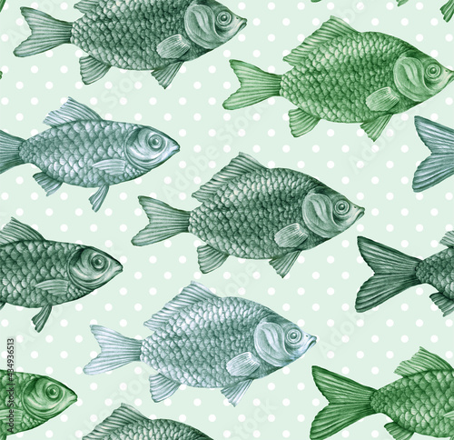 Texture from hand drawn large fish with scales. Carps, perches and dorado in a seamless pattern for textiles and fashion designs