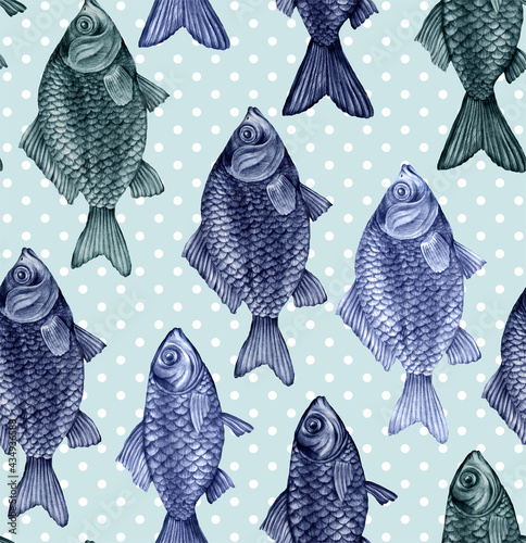 Texture from hand drawn large fish with scales. Carps, perches and dorado in a seamless pattern for textiles and fashion designs