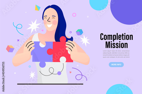 Mission accomplished and problem solved. A woman completes a jigsaw puzzle, the final piece of a business strategy. Vector concept for successful project management, teamwork, and goal achievement.