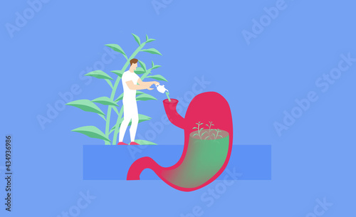 Fotografie Herbal medicine concept, a man pours a herbal tea in the stomach for stomach well being