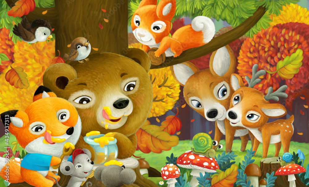 Fototapeta premium cartoon scene forest animals the forest eating honey