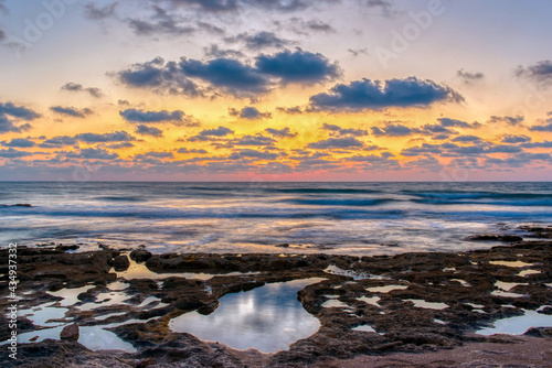Long exposure picture of a beautiful Mediterranean Sea sunset at the coastline near Haifa  Israel