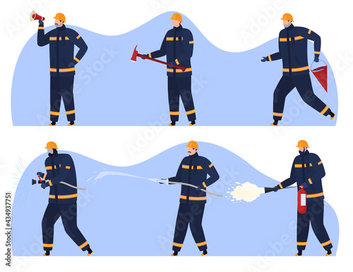 Firefighters with various fire extinguishers, loudspeaker, ax, fire hydrant.