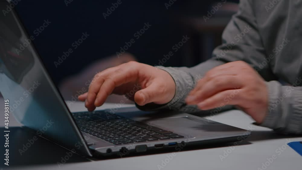 Close-up of businessman hands on keyboard sitting at desk table in startup company office browsing economic ideas on internet. Entrepreneur typing financial statistics answering business email Close-up of businessman hands on keyboard sitting at desk table in startup company office browsing economic ideas on internet. Entrepreneur typing financial statistics answering business email