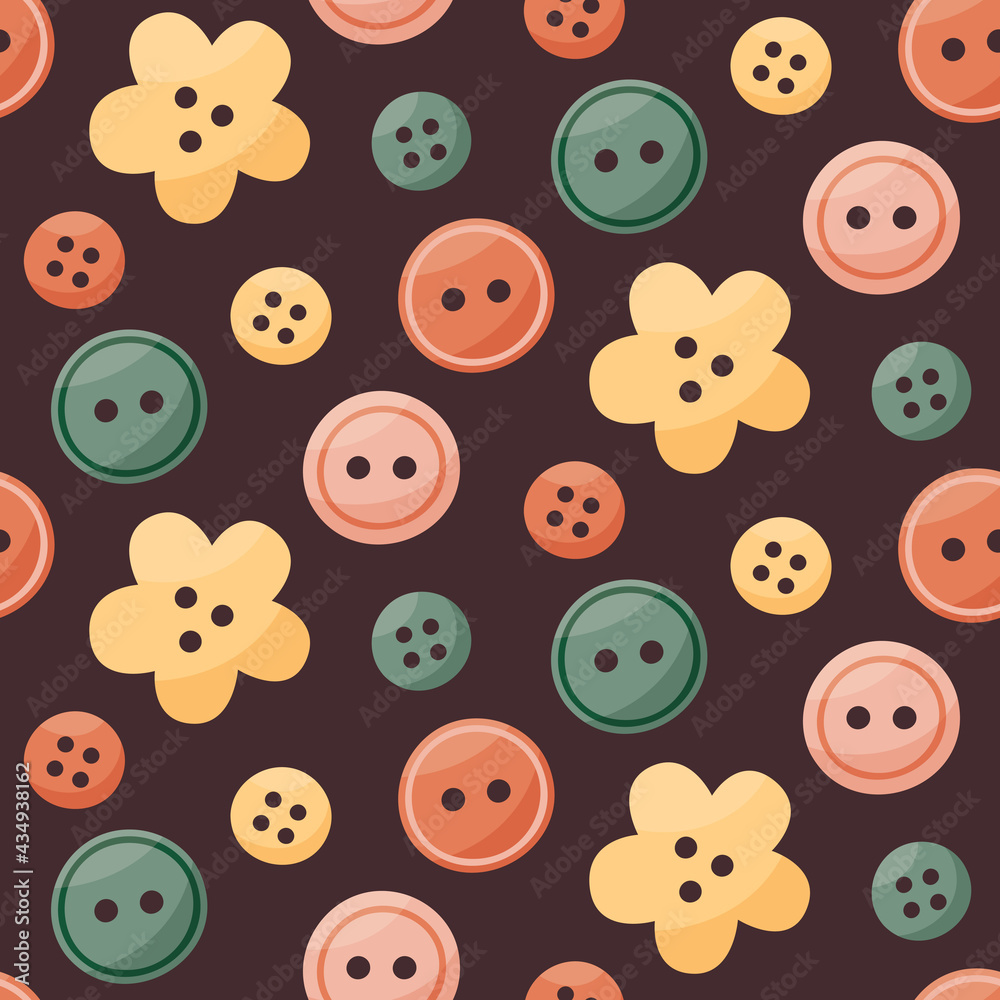 Seamless cute vector sewing pattern with buttons in trendy colors