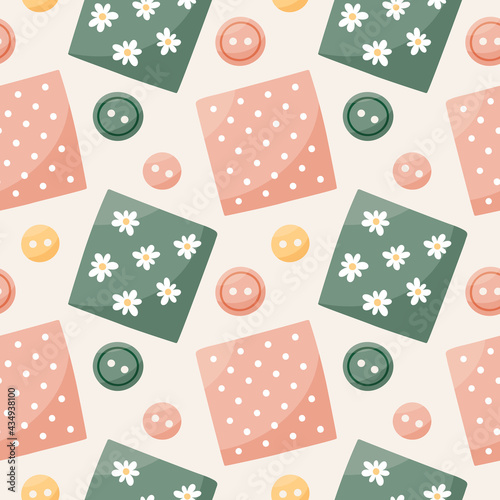 Seamless cute boho vector sewing and pattern with buttons, fabric, fabric swatches