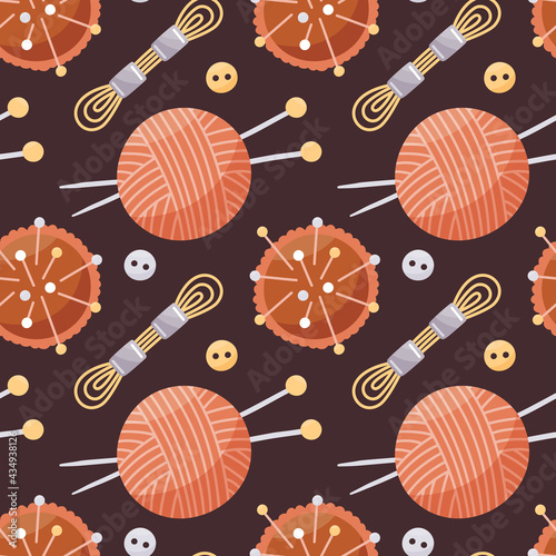 Seamless cute boho vector sewing and knitting pattern with ball of thread, buttons, needle holder, spool of thread, knitting needle, threads