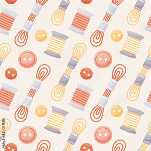Seamless cute boho vector sewing and knitting pattern with ball of thread, buttons, spool of thread, threads