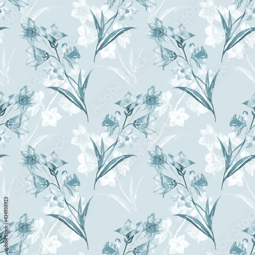 Floral seamless pattern with leaves and bluebells flowers watercolour. Hand drawn illustration in vintage style on blue 