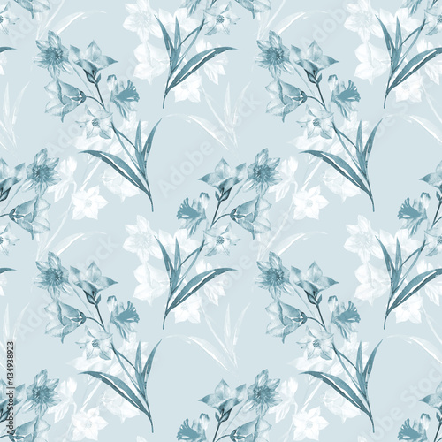 Floral seamless pattern with leaves and bluebells flowers watercolour. Hand drawn illustration in vintage style on blue	
