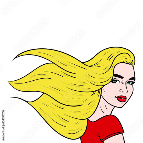 blonde comic woman looking sideways with hair blowing in the wind. isolated, vector.