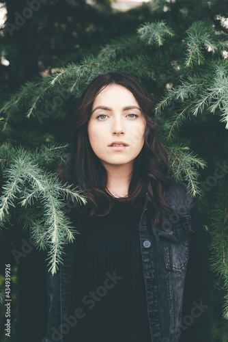 Photography Portrait melancholic woman posing outdoor nature looking camera dreamy