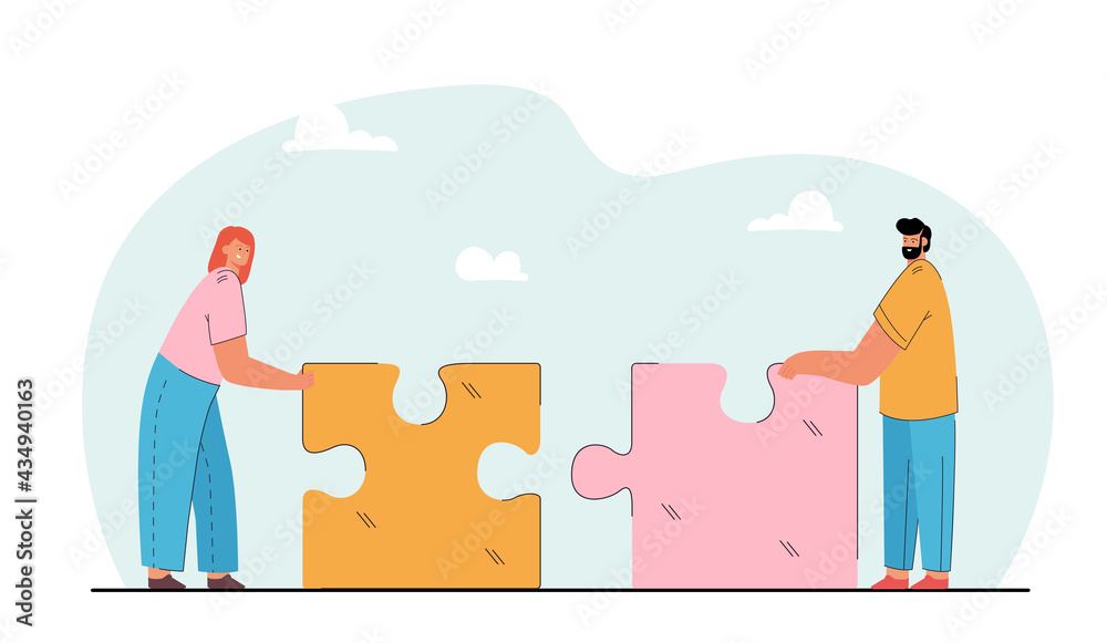 Fototapeta premium Tiny man and woman putting together giant puzzle. Flat vector illustration. Couple building relationship, holding puzzle pieces fitting together. Love, relationship, romance concept for banner design