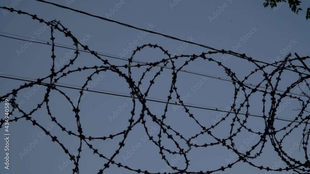 Barbed wire on the background the blue sky. Prison concept, rescue, refugee, lonely Barbed wire on the background the blue sky. Prison concept, rescue, refugee, lonely