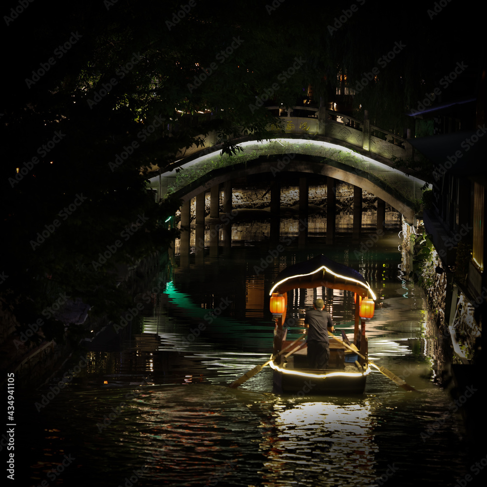 Fototapeta premium night, boat and bridge