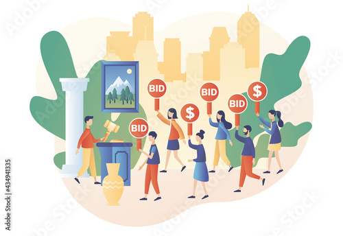 Tiny people bidder, buyer and auctioneer bidding in public auction. Paddle with BID text. Auction concept. Hammer close deal. Modern flat cartoon style. Vector illustration on white background
