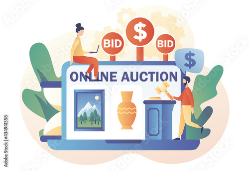 Online Auction concept. Painting and vase on laptop screen. Tiny people bidder, buyer and auctioneer bidding in public auction. Hammer close deal. Modern flat cartoon style. Vector illustration 