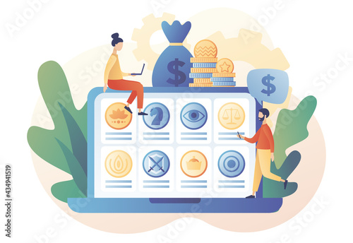 Old rare collectible coins on web site. Numismatics online. Tiny people numismatists collect, selling or buying ancient coins. Hobby or profession. Modern flat cartoon style. Vector illustration