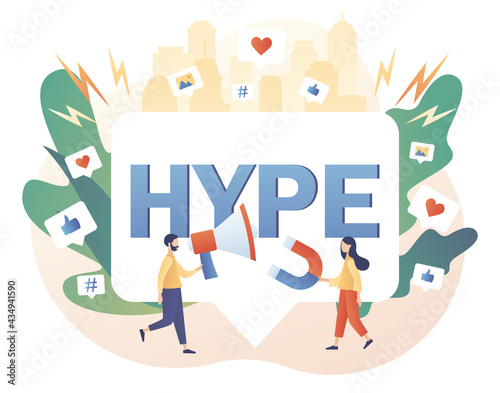Hype marketing. Bloggers, celebrities, influencers need more likes. Tiny people following internet trends. Social media viral or fake content. Modern flat cartoon style. Vector illustration