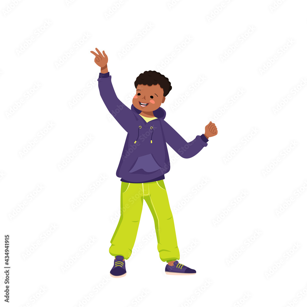 A dark skinned boy in a sweatshirt, jeans and sneakers smiles. Happy child with curly black hair. Afro American teenager in bright clothes. World International children day A dark skinned boy in a sweatshirt, jeans and sneakers smiles. Happy child with curly black hair. Afro American teenager in bright clothes. World International children day