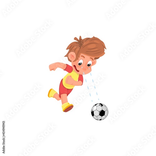 Cartoon boy soccer player playing with a ball. © zao4nik