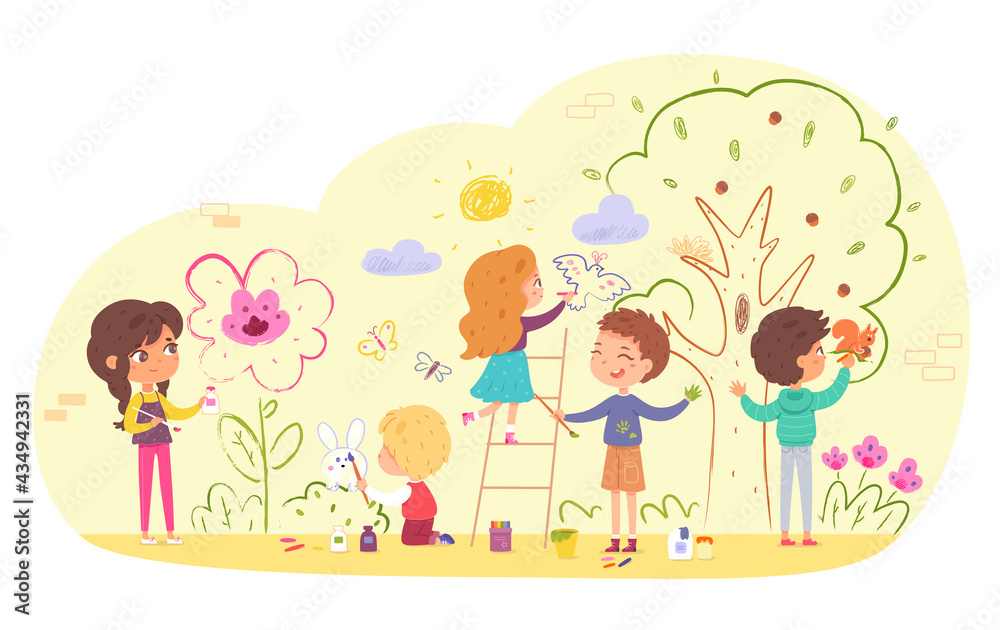 Children painting wall in kindergarten. Kids doing creative art with brushes vector illustration. Boys and girls drawing tree, clouds, sun, flowers, animals, bird with paint